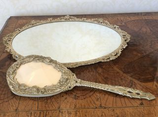Vintage Oval Vanity Dressing Table Hand Mirror And Tray Filigree Edge
