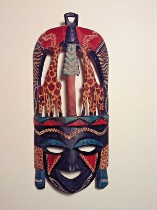 African Tribal Wooden Mask Hand Carved Two Giraffes Made In Kenya 12x6 "