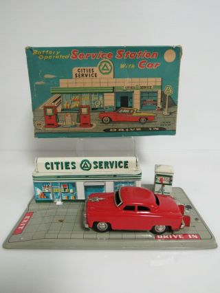 Rare Vintage Linemar Toys Japan Cities Service Tin Gas Station Sb178