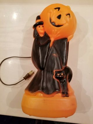 Vintage 13 " Halloween Witch Black Cat &.  Pumpkin Lughted Indoor Plastic Blow Mold