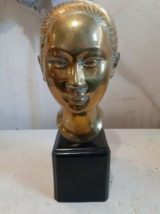 Vietnamese Geisha/woman Head Bust Brass Or Bronze Sculpture On Wood Base 13,  "