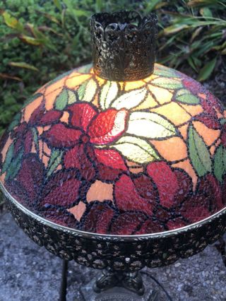 Vintage.  Stained Floral design Glass Table Lamp With Crystal. 2