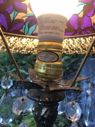 Vintage.  Stained Floral design Glass Table Lamp With Crystal. 3