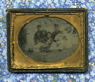1860s Day At The Beach? Twin Girls With Doll & Siblings & Mom Outdoor Ambrotype