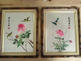 Set Of 2 Vintage Framed Chinese Silk Hand Embroidered Floral With Birds Wall Art