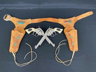 Set Of 2 Maverick Toy Cap Guns Leather & Turquoise Holster W/bullets Vintage