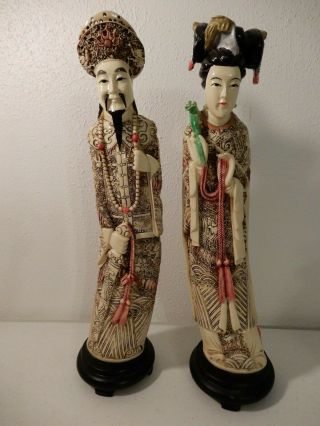 Chinese Emperor Empress Carved Painted Resin Figurines 17 Inch