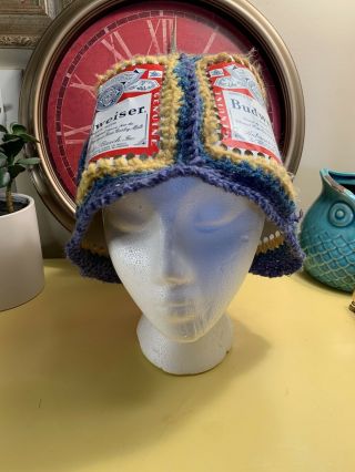 Handmade Budweiser Beer Can Red White Blue Yellow Crochet Hat Retro Hipster Hat
