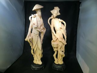 Oriental Chinese Figurines Woman Wise Man Set /2 Pair Hand Carved Resin Vintage