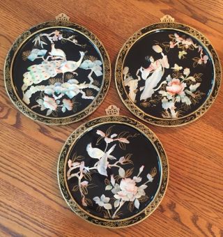 3 Vintage Chinese Wall Art Round Black Lacquer Mother Of Pearl Overlay Gold 11”