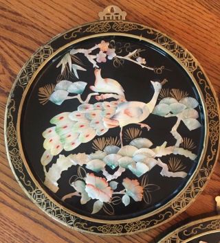 3 Vintage Chinese Wall Art Round Black Lacquer Mother of Pearl Overlay Gold 11” 2