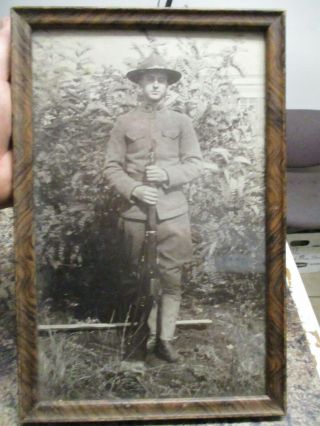 Ww1 Framed 11 " X7 " Photograph Army Soldier Dough Boy W.  Krag Rifle