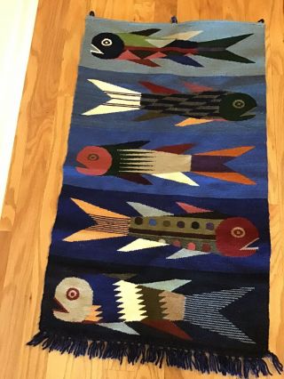 Vintage Zapotec Mexican Wall Hanging Rug Stacked Fish Mexico Woven Folk Art
