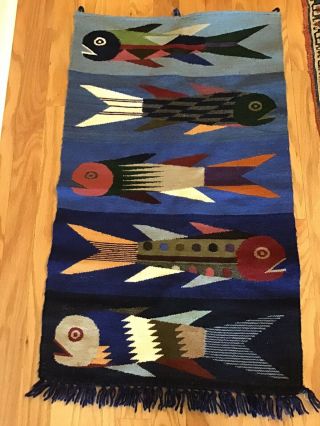 Vintage Zapotec Mexican Wall Hanging Rug Stacked Fish Mexico Woven Folk Art 2