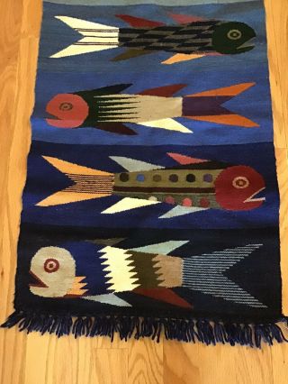Vintage Zapotec Mexican Wall Hanging Rug Stacked Fish Mexico Woven Folk Art 3