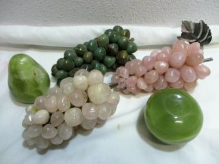 Vtg 5pc Polished Marble Quartz Agate Alabaster Stone Grape Clusters Pear Apple