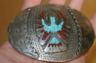 Native American Indian Turquoise Coral Silver Belt Buckle - Navajo Js - Shay