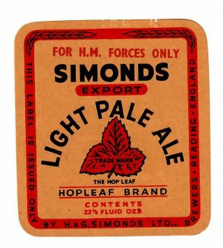 Beer Label: Simonds,  Reading,  Light Pale Ale For Hm Forces 80mm Tall