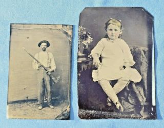 2 Antique Tintype Photographs Photos Portraits On Tin Child & Man With Rifle