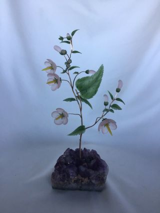 Vintage Jade,  Rose Quartz,  Semi Precious Stone Bonsai Tree On Amethyst Base
