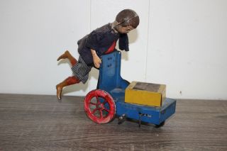 Antique France Wind Up Hand Painted Tin Toy Fernand Martin Delivery Boy