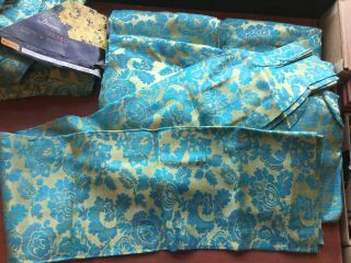 Vintage 60s Pinch Pleated Damask Brocade Drapes.  Set Of 6 Lime Green / Turquoise
