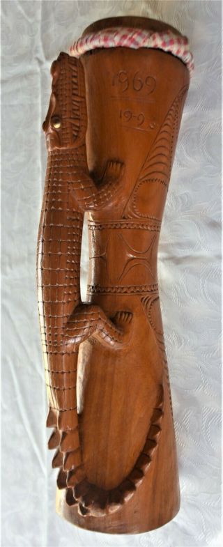 Hand Carved Papua Guinea Kundu Drum With Carved Crocodile Handle 1969