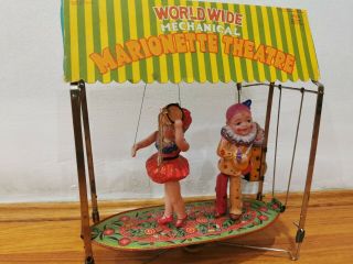 Japan Wind Up Celluloid Tin Toy.  Ck Kuramochi Bestmaid Marionette Theatre.  Box