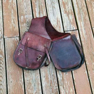 Vtg Brown Leather Saddle Bags Horse Riding Trail Tack Storage Western