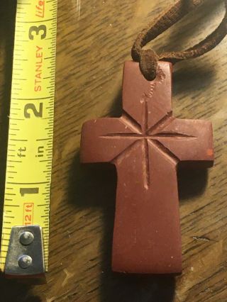 Native Carved By Omanisa Pipestone (catlinite) Cross With Leather Necklace