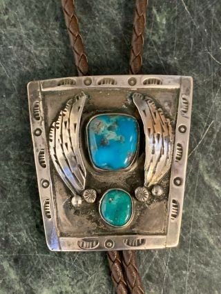 Vintage Bennett Signed Navajo Sterling Silver & Turquoise Bolo Tie Necklace