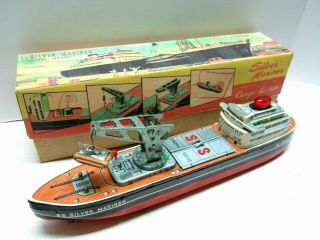 1958 Rare Bandai Tin Battery Op Silver Mariner Cargo Liner Ship.  A,