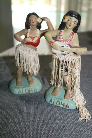 Two True Vintage Chalkware Dashboard Hula Girl Nodders Bobble Mid - Century Aloha