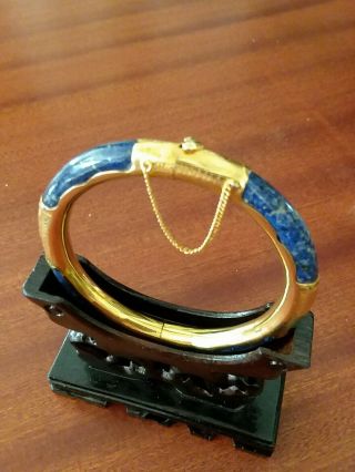 Vintage Chinese Blue Hardstone Lapis Lazuli Gold Color Bangle Bracelet
