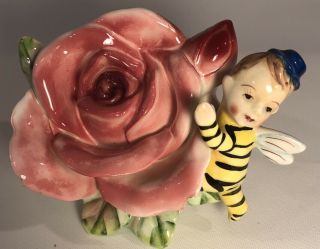 Lefton Esd Anthropomorphic Bee Boy And Pink Rose Flower Wall Pocket Vintage