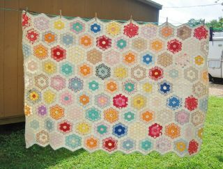 Quilt 84 " X58 " Vintage Hand Pieced Quilted Octagon Pattern Multicolor Cotton