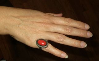 Vintage American Indian Navajo Sterling Silver Red Coral Ring Mary Marie Yazzie
