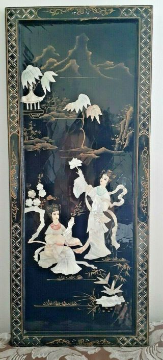Asian Art Black Lacquer Mother Of Pearl Wall Panel Picture Japanese Geisha Lotus