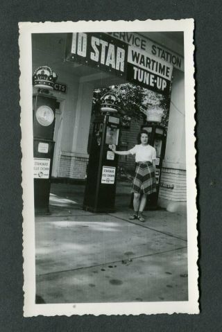 Vintage Wwii Photo Girl W/ Standard Oil Clock Face Gas Pumps Crown Globes 432118