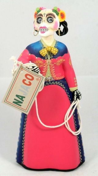 Lupita Najaco Ceramic Doll/figurine Mexico Day Of The Dead Catrina Fuchsia
