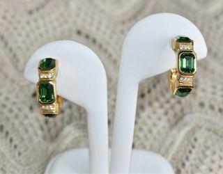 Vintage Christian Dior Green And Clear Rhinestone Loop Clip On Earrings 1 Inch