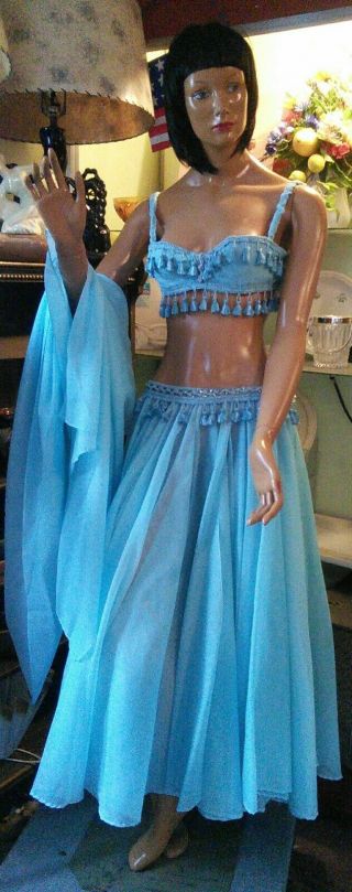 Vtg Handmade Baby Blue Tassel Belly Dancer Harem Girl Gypsy Costume 60 