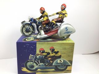 Rare Tippco Wind - Up Tin Toy Sidecar Motorcycle Silver Racer,  Quality Rep Box