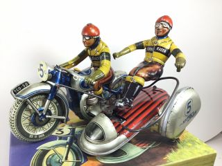 RARE TIPPCO Wind - Up Tin Toy Sidecar Motorcycle SILVER RACER,  Quality Rep box 2