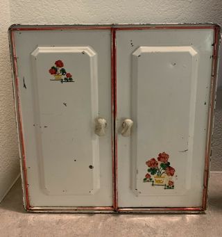 Vintage Metal Wall Cabinet White With Red Trim Flower Decals Kitchen Collectible