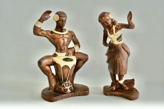 2 Treasure Craft Hawaiian Male Drummer & Female Hula Dancer Figurine Large 10.  5 "