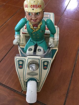 Vintage Japan Tin Toy Ice Cream Delivery Motorcycle Battery Operated