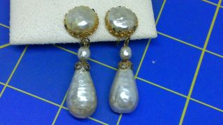 Vintage Signed Miriam Haskell Baroque Pearl Drop Clip Earrings