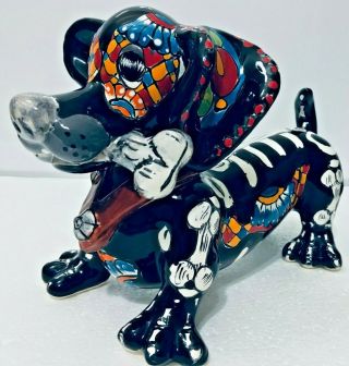 Mexican Pottery Animal Talavera Dog Figure Dachshund Day Of The Dead Folk Art