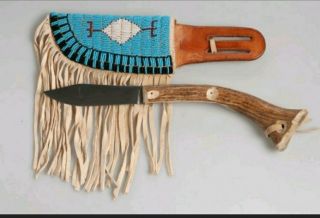 Native American Beaded Sheath And J.  Russell Green River Deer Bone Knife